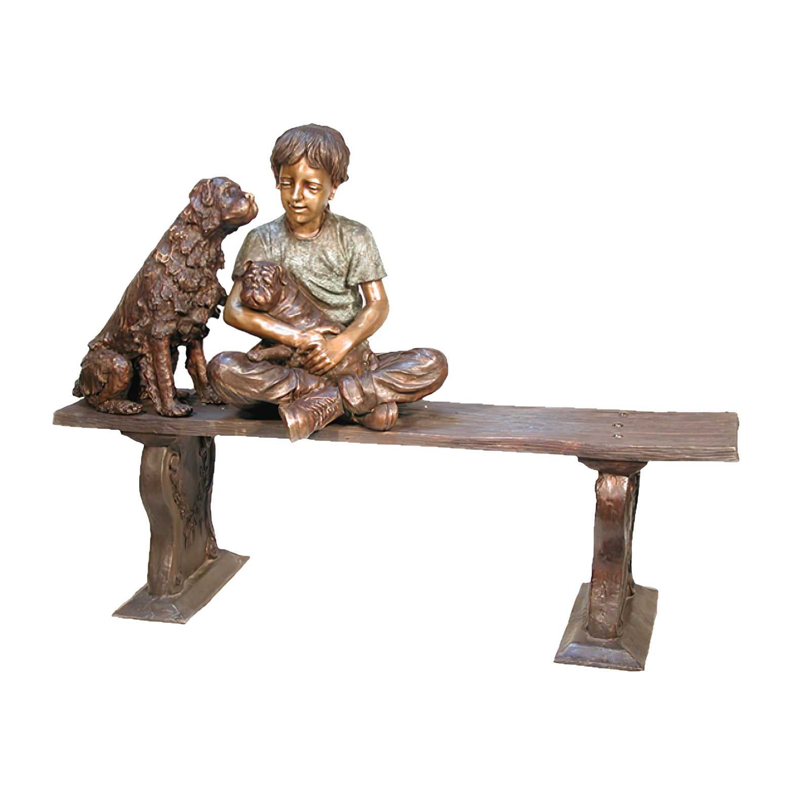 Child on Bench with Dogs