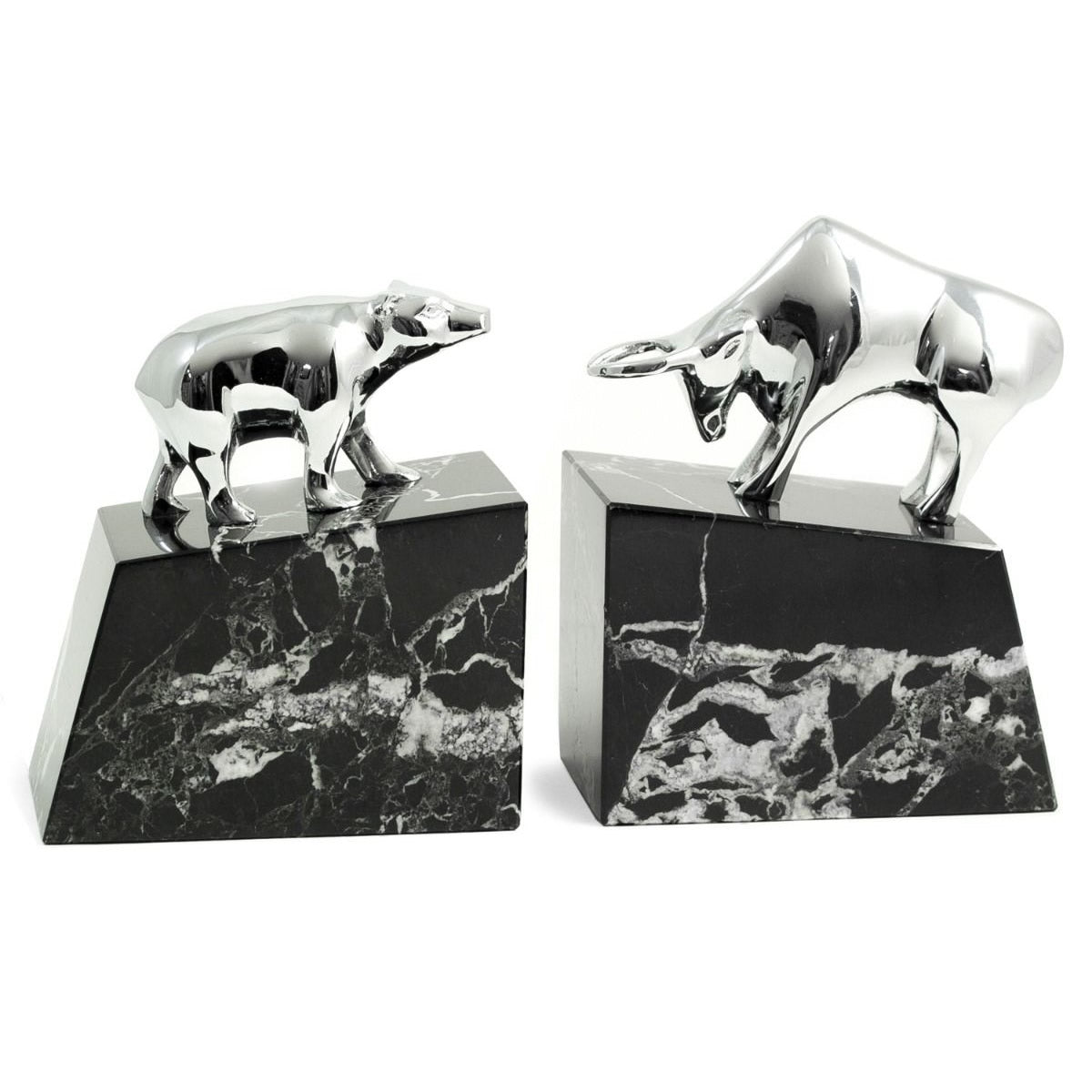 Stock Market Bookends- Silver Bull and Bear on Marble Base