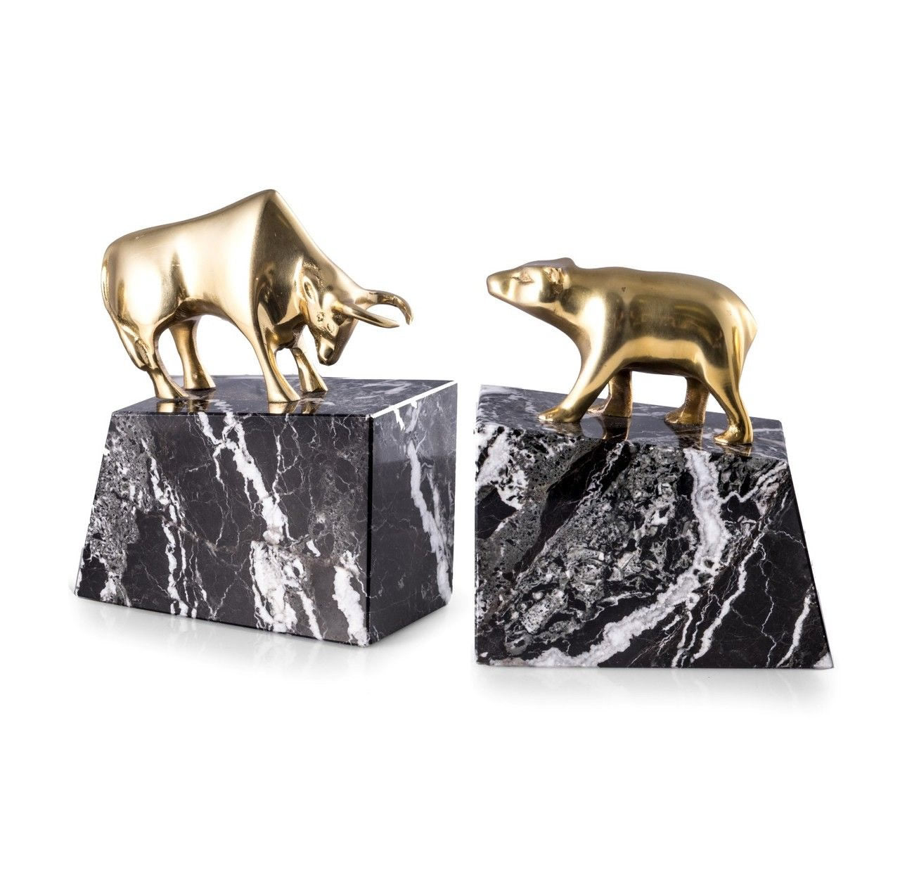 Stock Market Bookends- Bull and Bear on Marble Base
