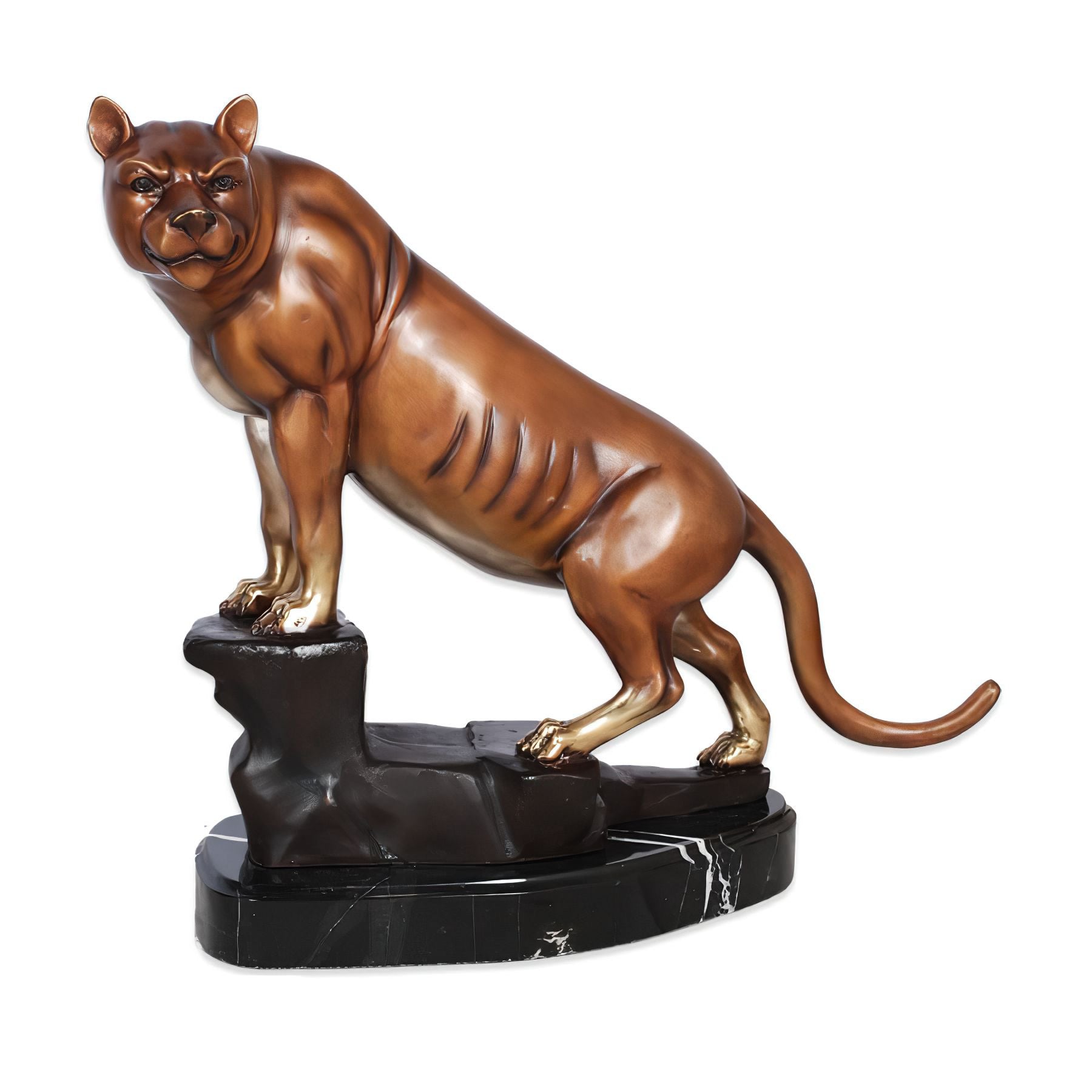 Bronze Puma on Rock Statue with Marble Base