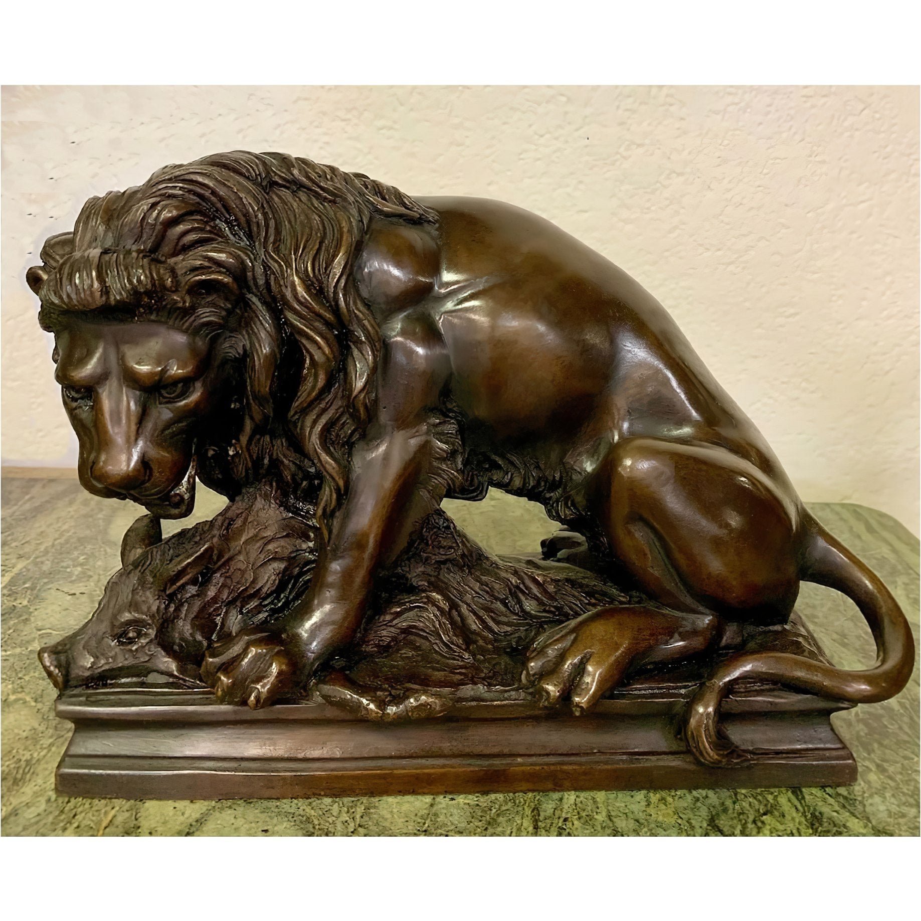 Bronze Lion with Prey on Base Statue