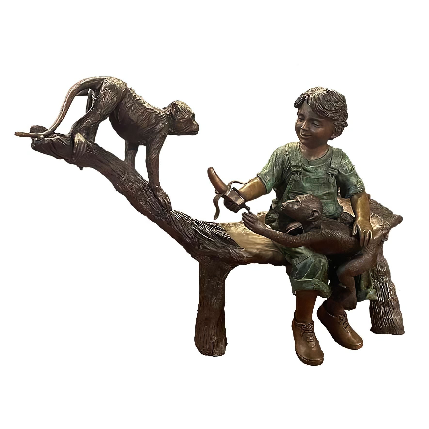 Bronze Boy with Monkeys and Banana Sculpture