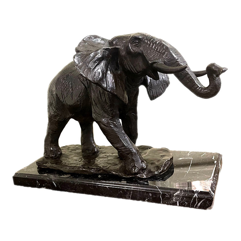 Bronze African Elephant Statue on Marble Base
