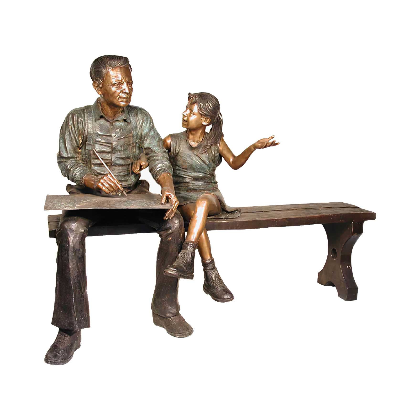 Grandpa and Granddaughter on Bench- Bronze