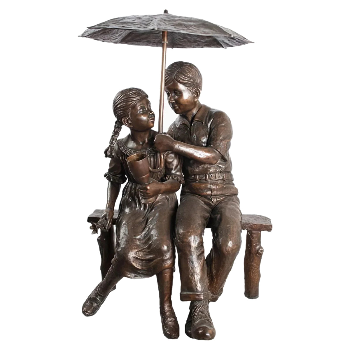 Bronze Boy and Girl on Bench with Umbrella Sculpture