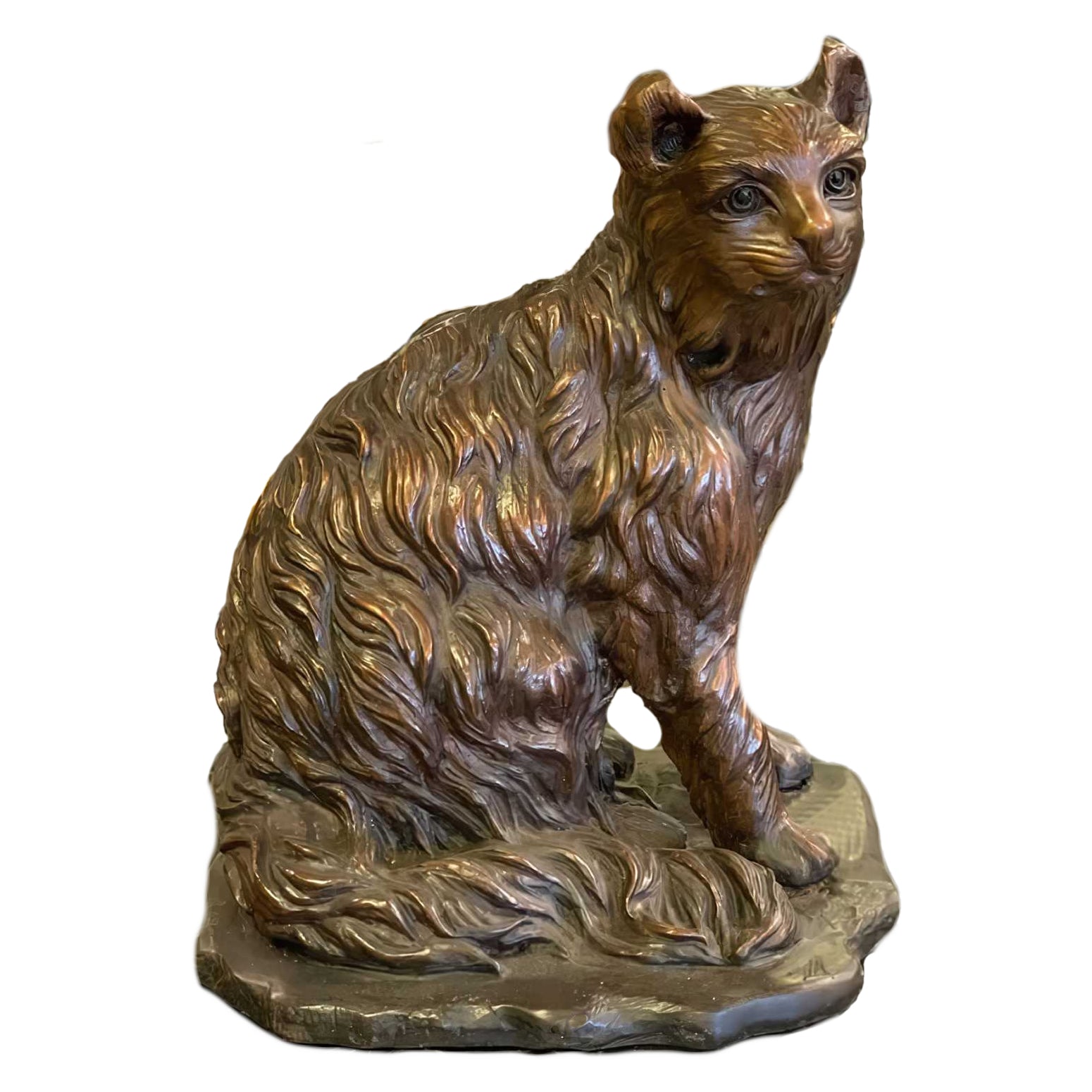 Bronze Sitting Cat on Base Statue