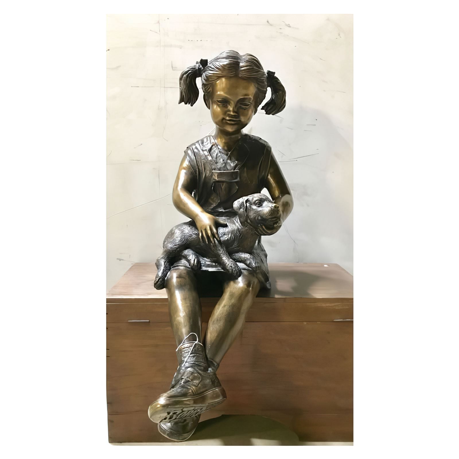 Bronze Girl Holding Puppy Statue