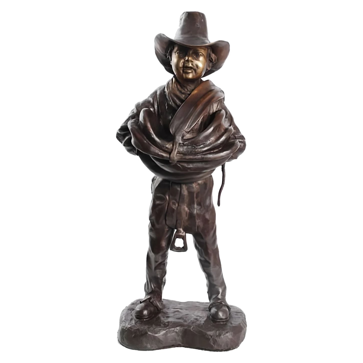 Young Cowboy with Saddle Bronze Statue