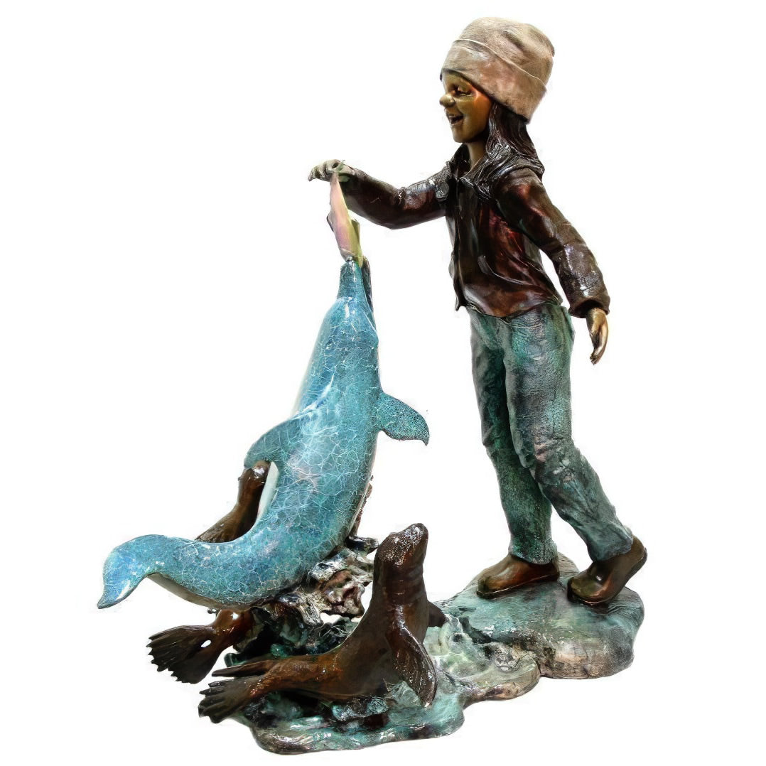 Girl Feeding Dolphin Bronze Fountain