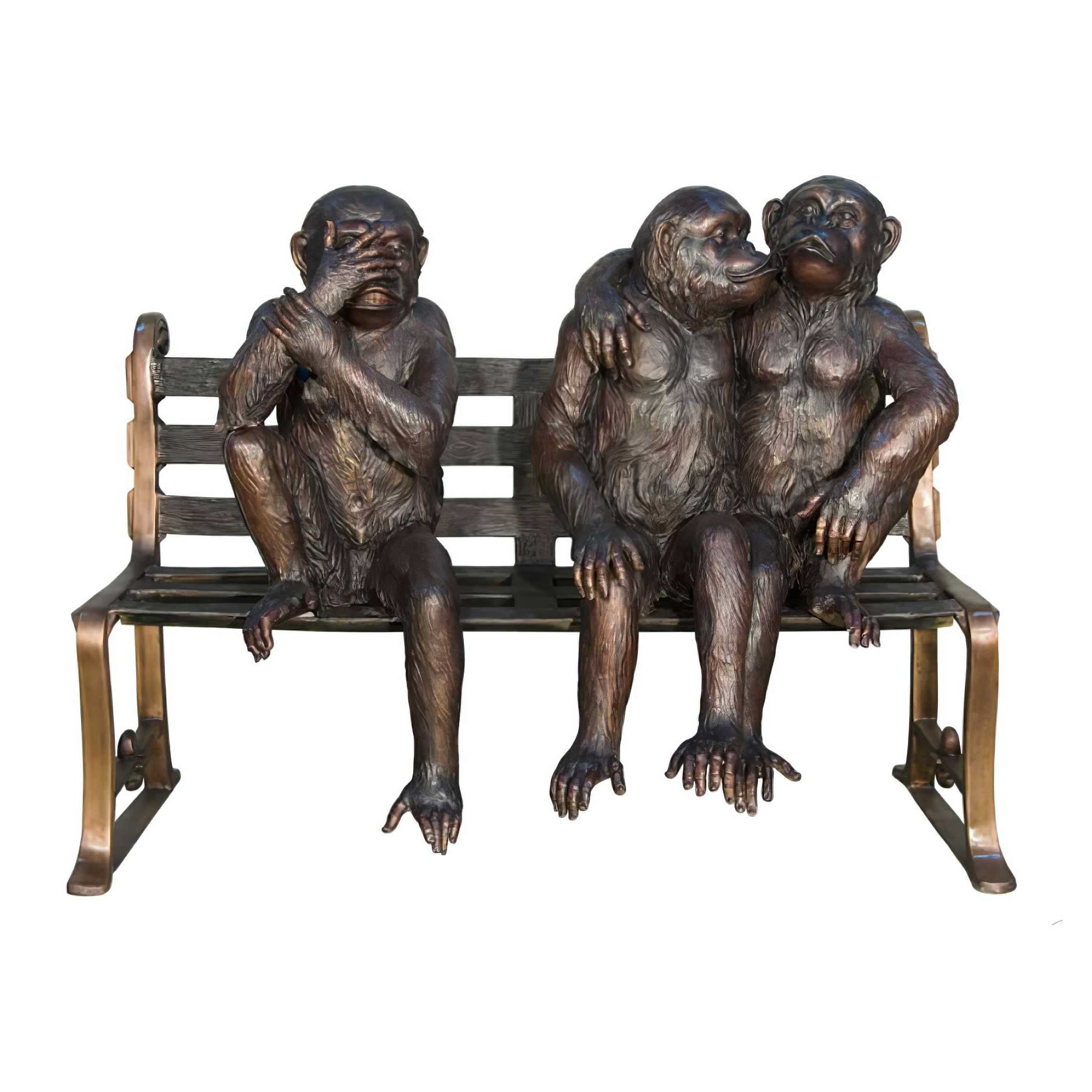 Three Monkeys Sitting on Bench- Bronze Sculpture