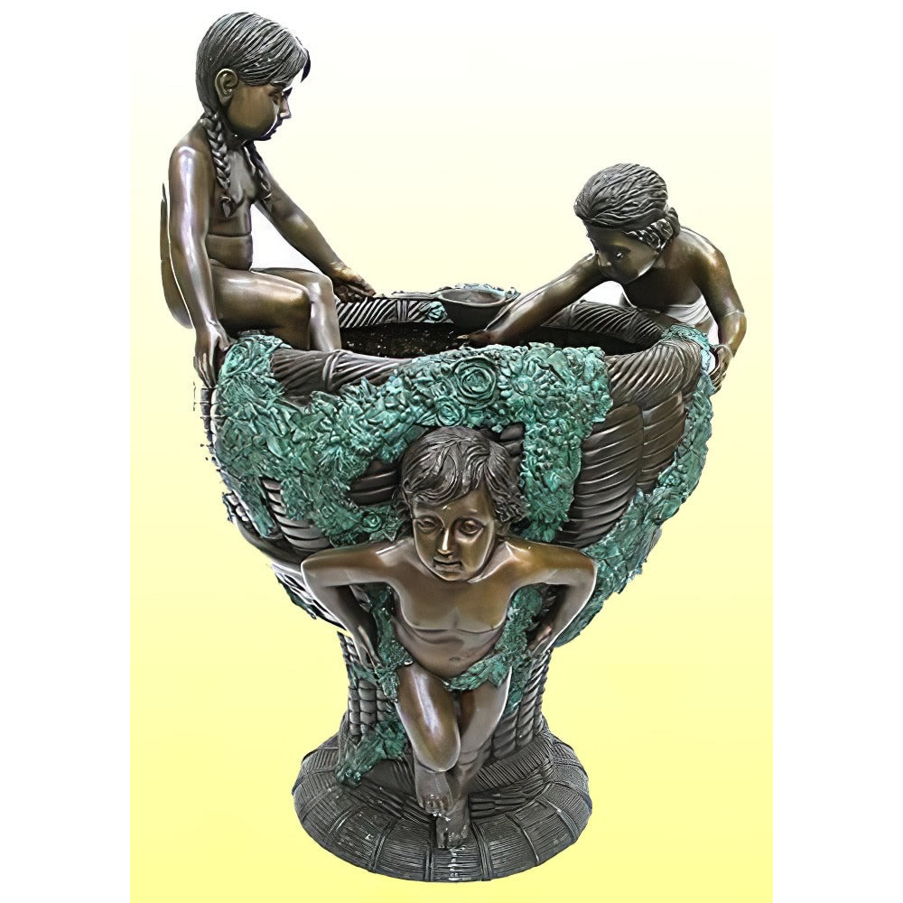 Three Kids With Basket Bronze Fountain