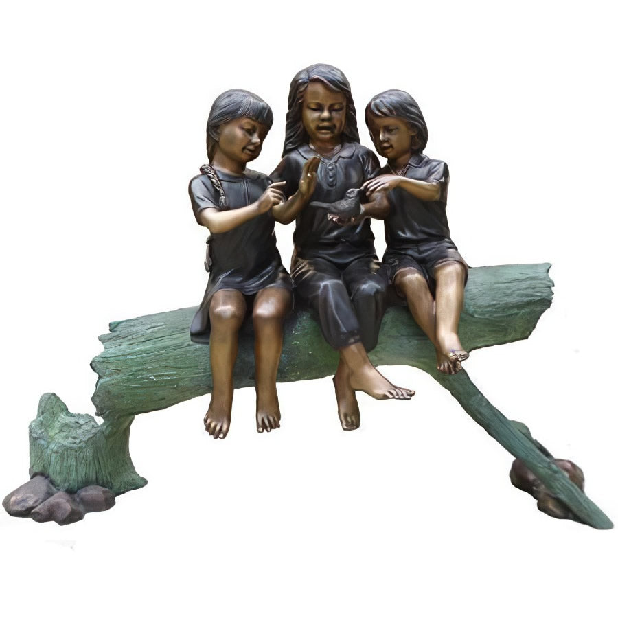Three Girls Sitting on Log, Bronze Sculpture