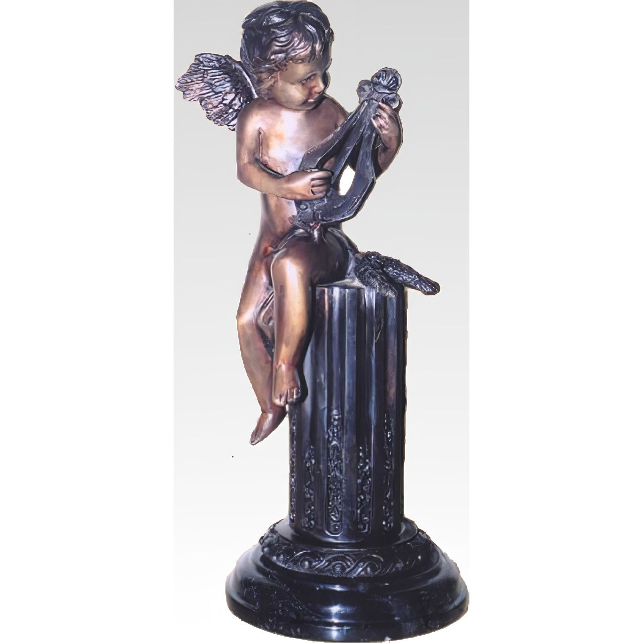Cherub on Pedestal Playing Lyre Statue