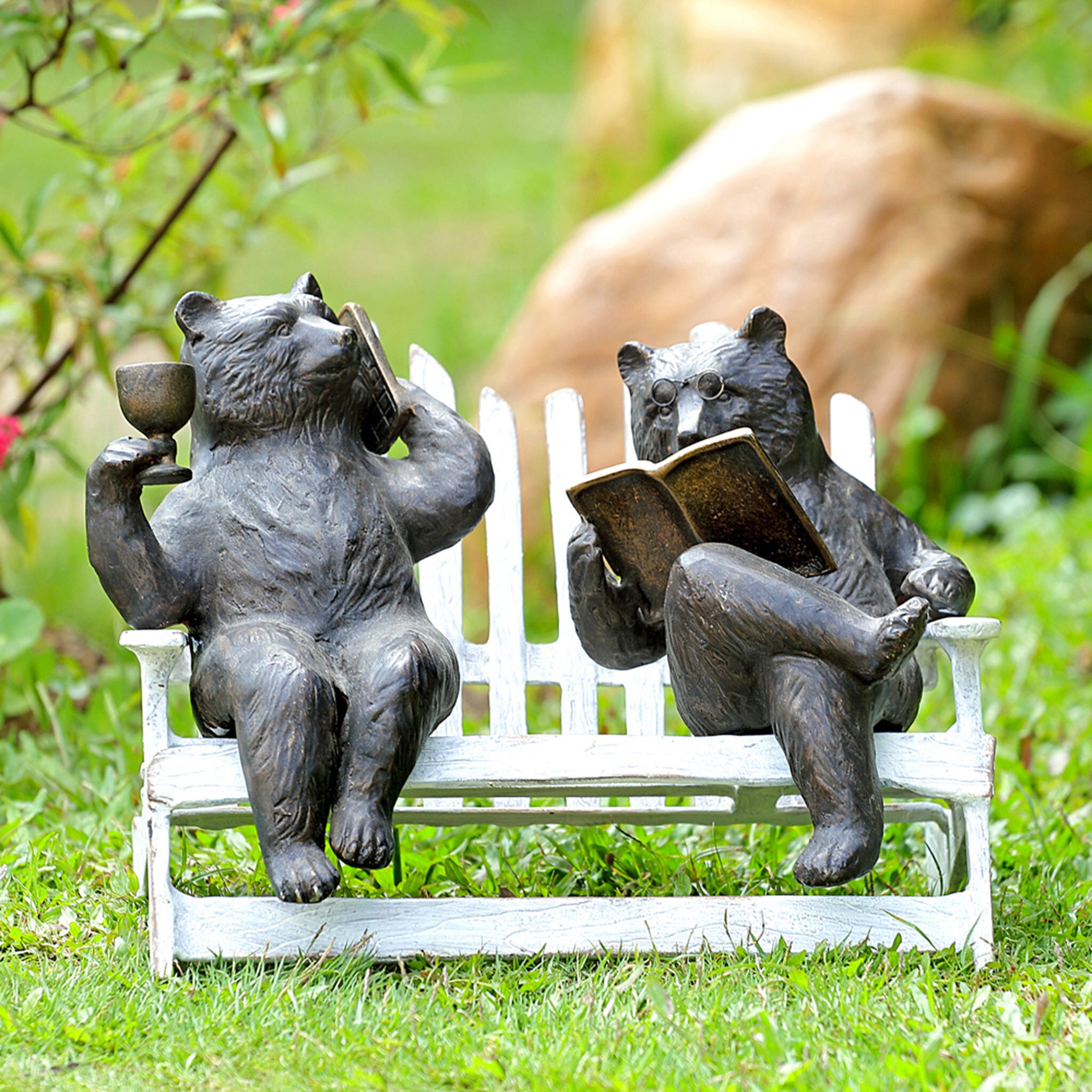 Hipster Bears on Bench Garden Sculpture #2