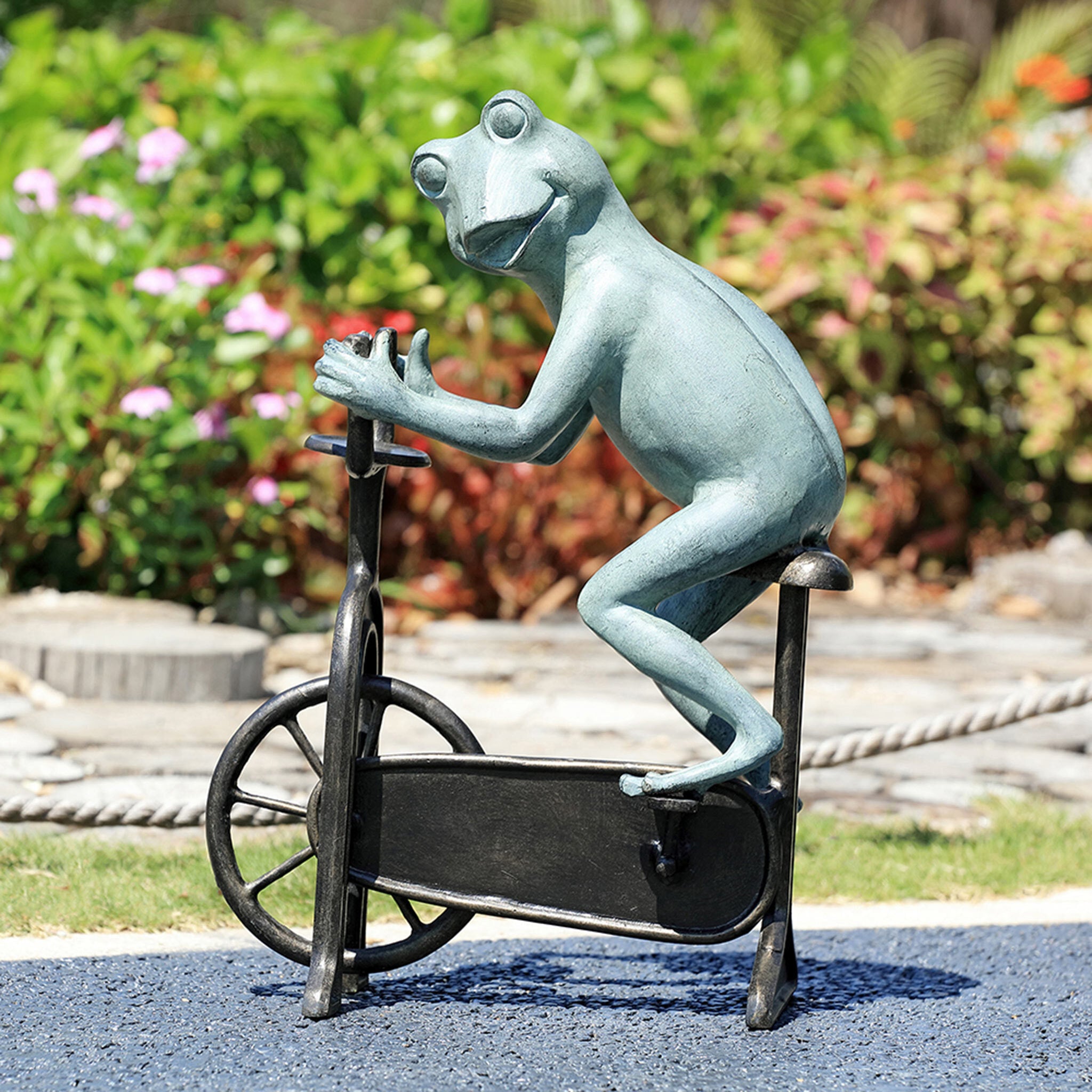 Workout Frog on Bicycle Garden Sculpture