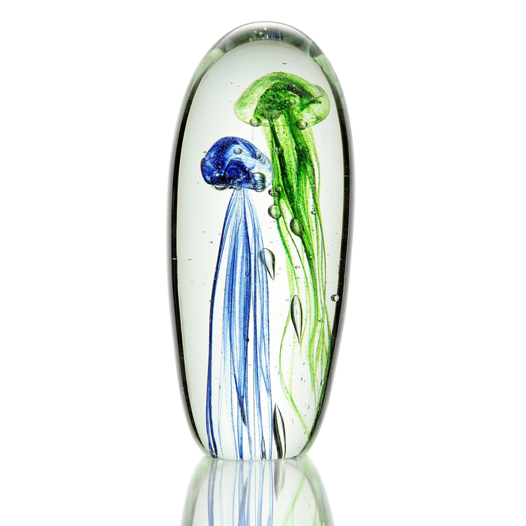 Art Glass Blue and Green Jellyfish Duo Figurine, 7 inch