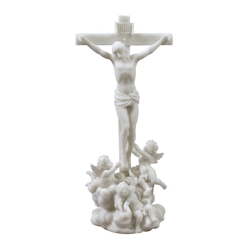 Jesus On Cross With Cherubs Statue, White