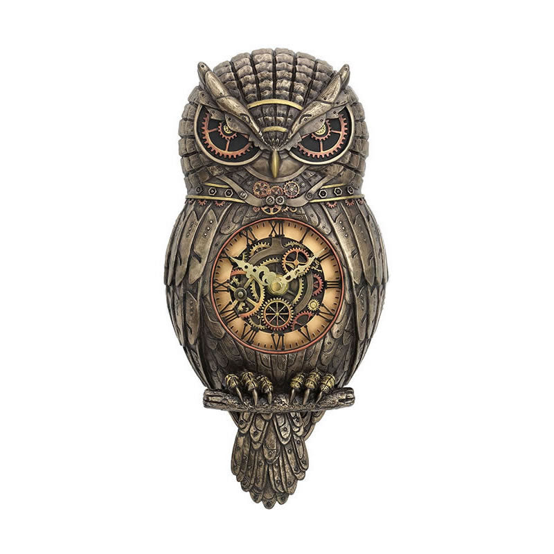 Steampunk Owl Pendulum Wall Clock Cold Cast Brzone 